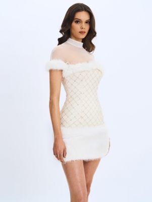 Women's Taylor Ivory Fur Trimmed Beaded Boucle Mini Dress