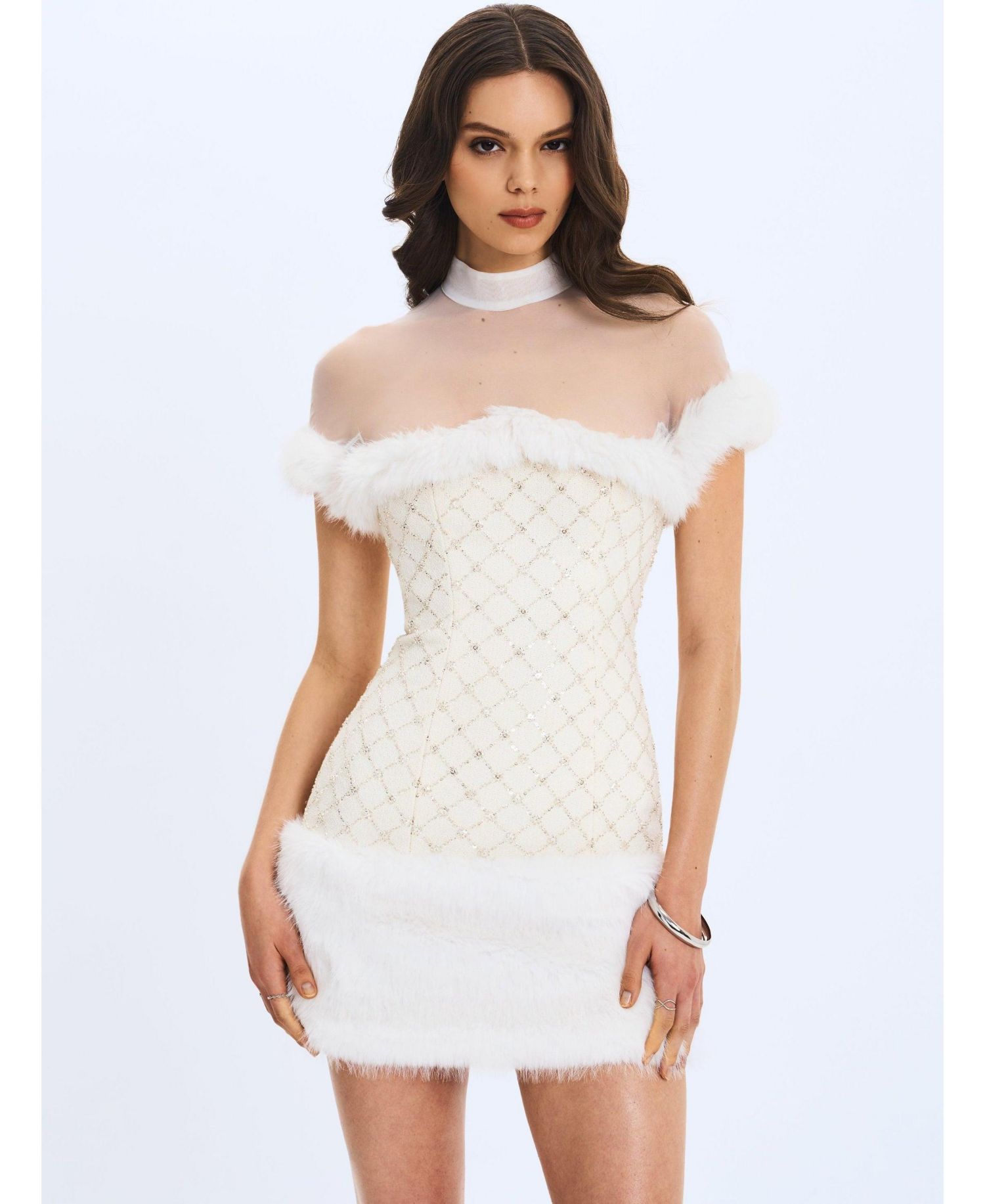 Women's Taylor Ivory Fur Trimmed Beaded Boucle Mini Dress