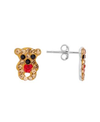 Crystal Stone Teddy Bear with Heart Stud Earrings