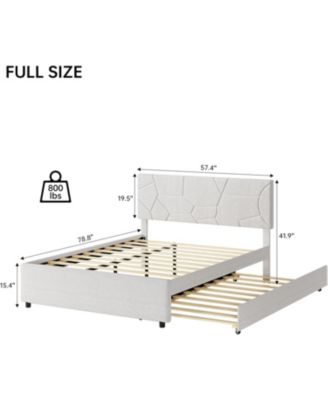 full upholstered trundle bed with pull-out platform and wood slats for space-saving use