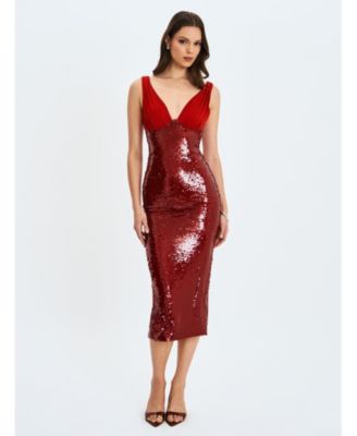 Women's Shanelle Crimson Sequin Plunging Midi Dress