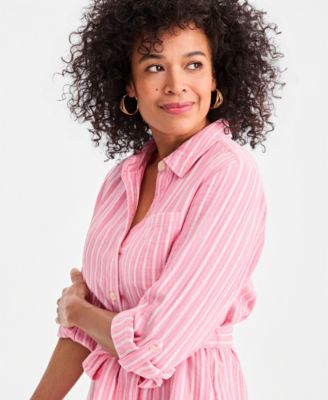 Women's Cotton Striped Tie-Waist Shirt Dress