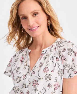 Women's Printed Flutter-Sleeve Button-Front Top