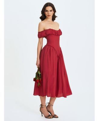 Women's Xavy Crimson Off-Shoulder Corset Midi Dress