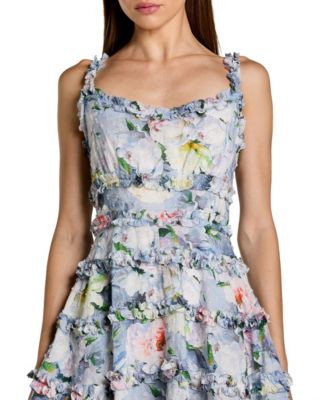 Women's Floral Sweetheart Mini Dress with Cascading Ruffles
