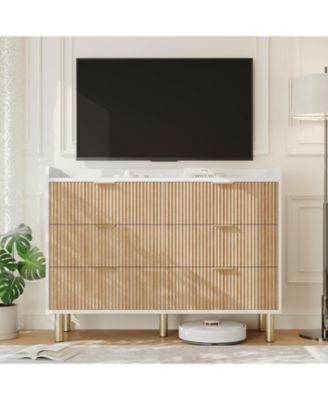 Dresser for Bedroom, 47.2" Fluted Wood Double Dresser with Metal Handles Curved Design Wide Storage Organizer Cabinet