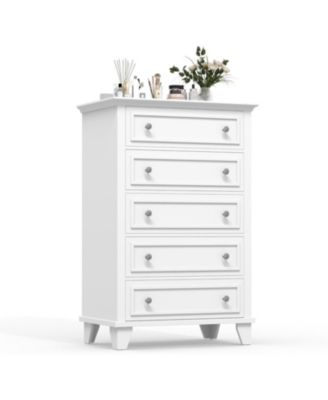 White 5-Drawer Wooden Dresser, Storage Chest with Exquisite Metal Handles
