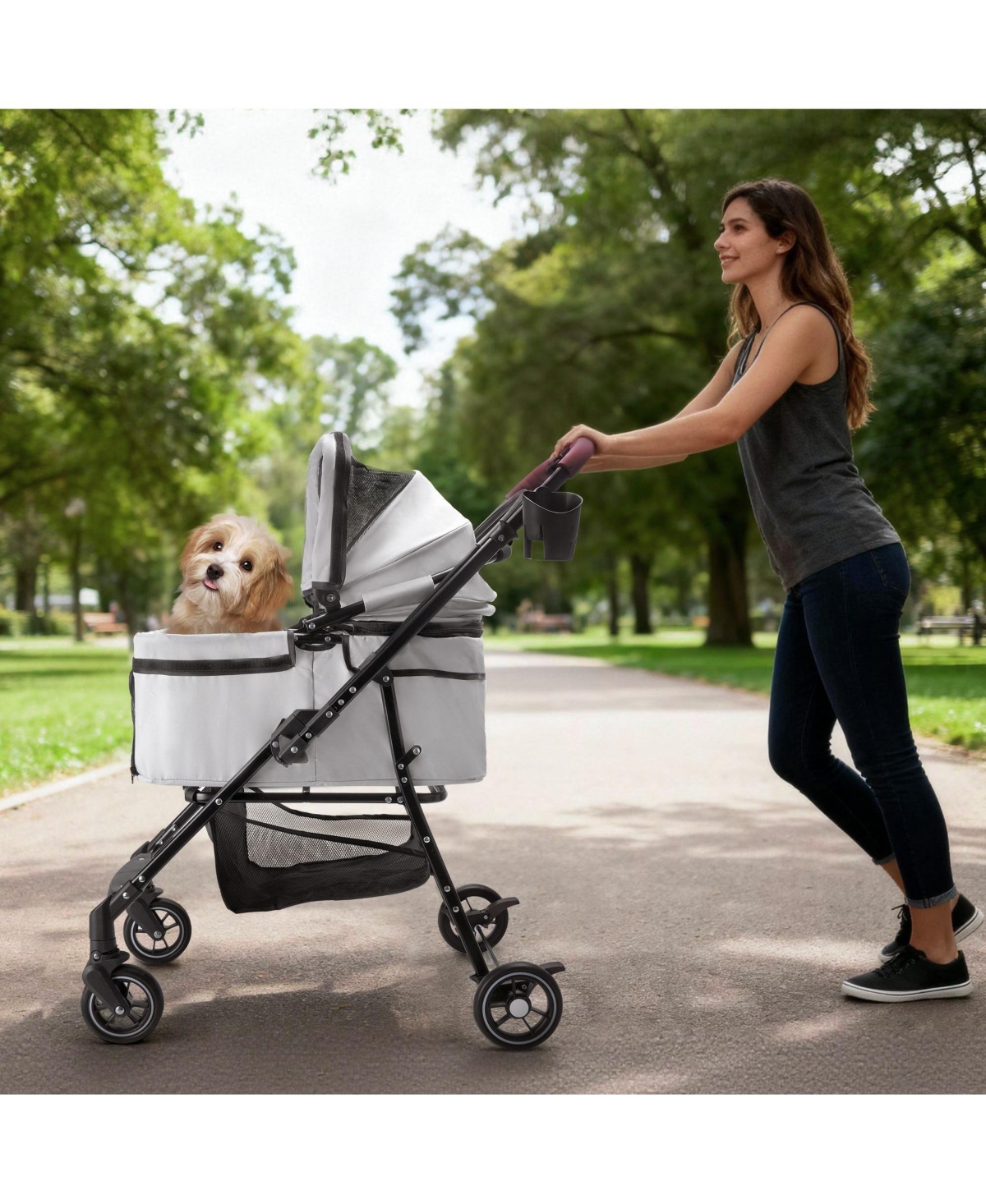 Aostirmotor All-Terrain Pet Stroller with 360° Rotating Wheels & Detachable Carrier, 4-Wheel Foldable Travel System with Storage Bag