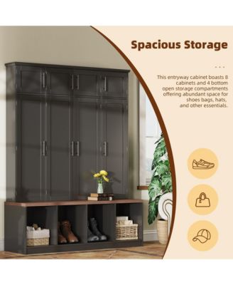 Farmhouse Hall Tree with Hidden Hooks and Walnut Seating Bench