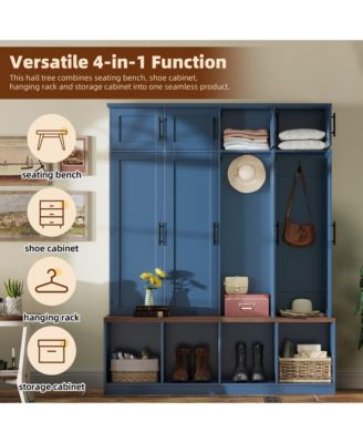 Farmhouse Hall Tree with Hidden Hooks and Walnut Seating Bench