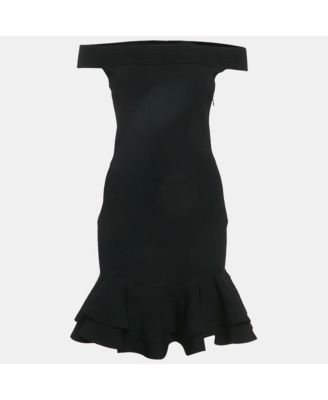 Women's Black Rib Knit Off Shoulder Ruffled Mini Dress