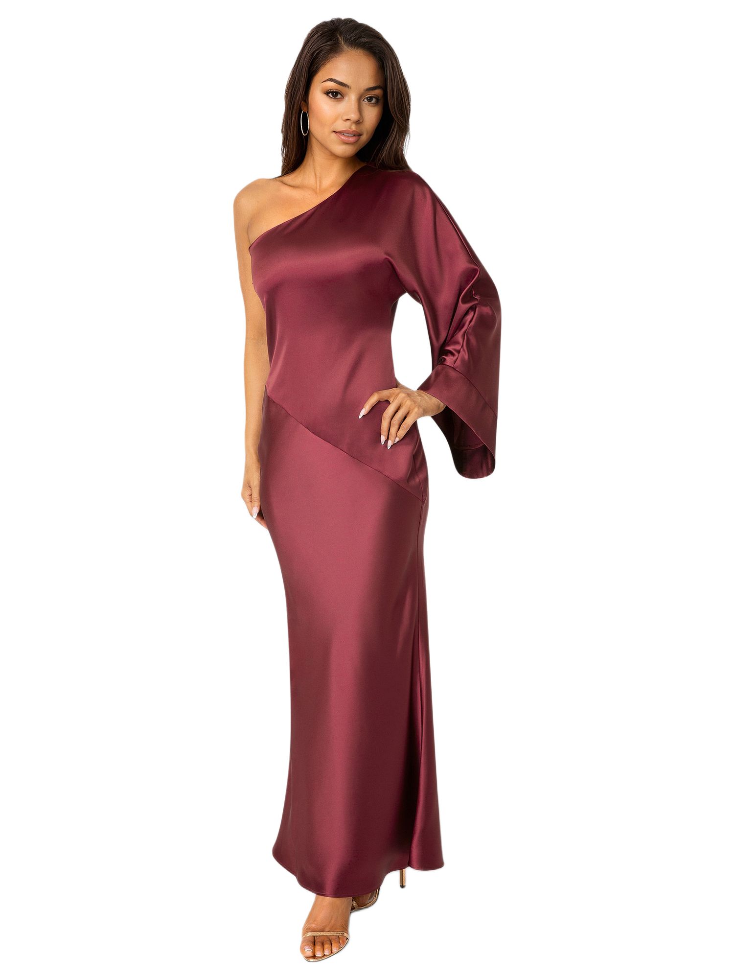 Womens One Shoulder Bell Sleeve Satin Dress