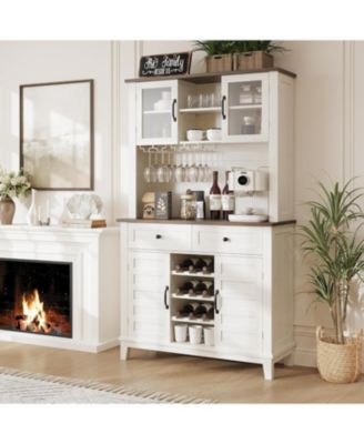 72" Farmhouse Coffee Bar Cabinet with Wine Rack & Glass Holder