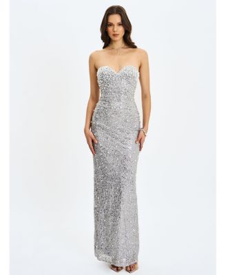 Women's Noelle Silver Sequin Pearl-Embellished Sweetheart Maxi Dress