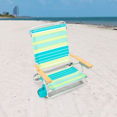 Classic 5-Position Lay-Flat Folding Chair, Outdoor Pool And Beach Chair With Carrying Strap And Towel Bar, Green Stripes