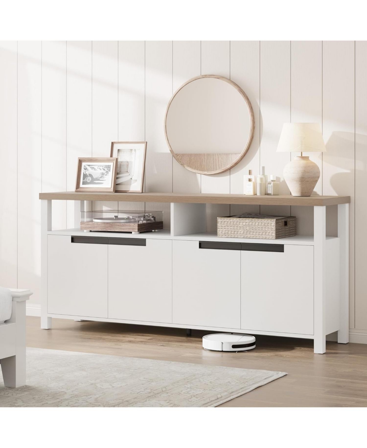 Gaomon 63" Boho Rustic Tv Stand for TVs up to 70 Inch, 4 Doors Open Shelf Entertainment Center