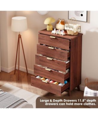 Walnut 47.2" Tall Fluted 5-Drawer Dresser, Curved Profile with Handles