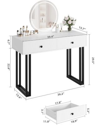 Vanity Desk with Mirror & 3-Color LED Lights, Modern Design with Storage