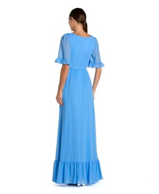 Women's V Neck Flutter Sleeve Chiffon Faux Wrap Maxi Gown