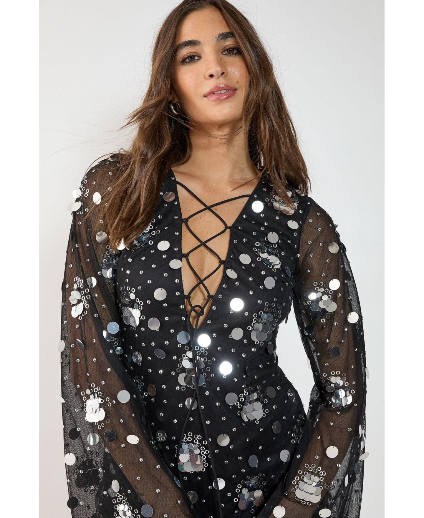 Женское платье Nasty Gal Lace Up Fluted Sleeve Mini, цвет: Чёрный — фото 5