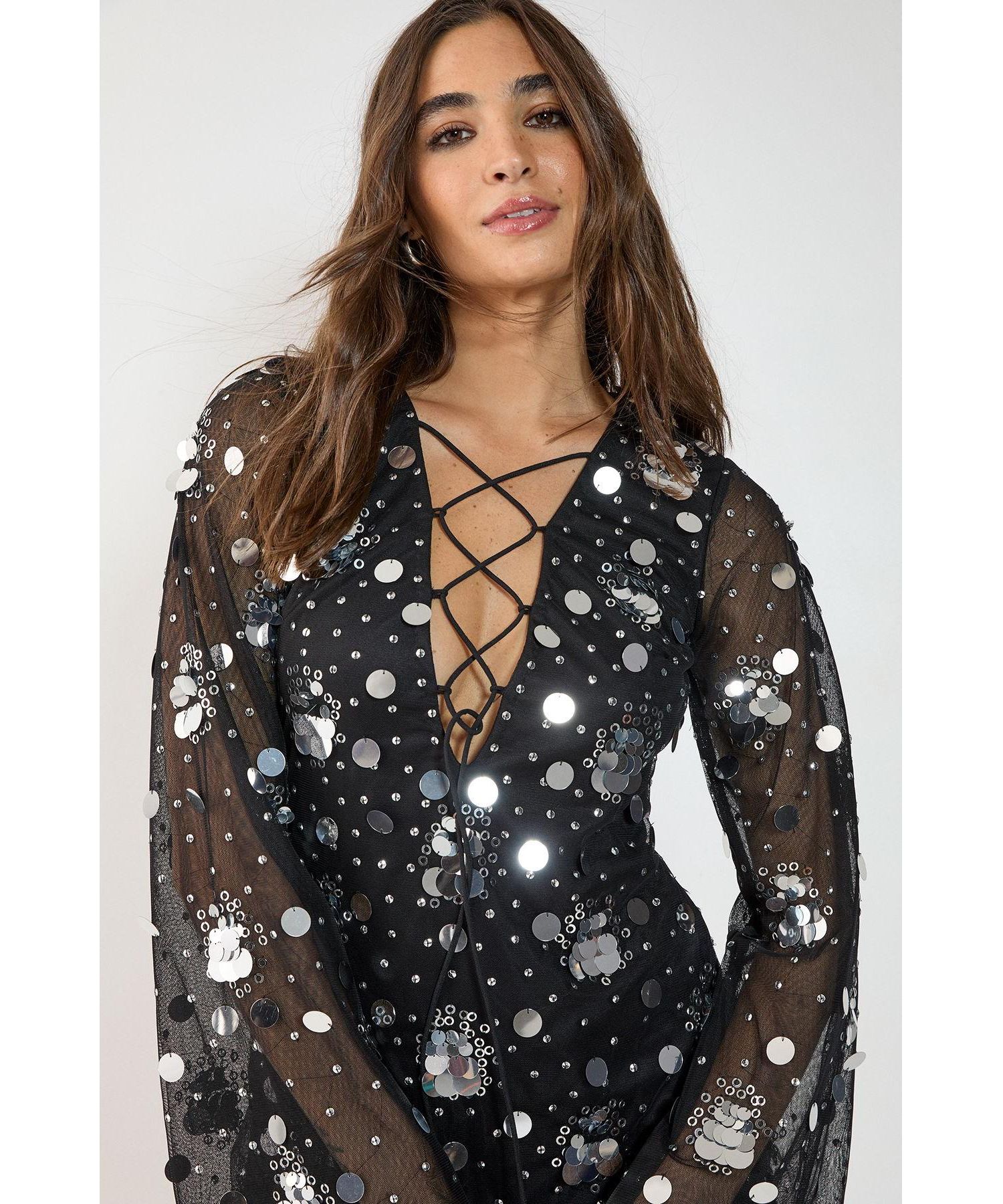 Women's Lace Up Fluted Sleeve Mini Dress