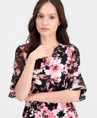 Petite Ruffle-Cuff Split-Neck Top