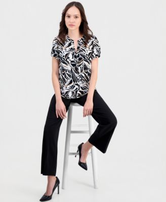 Petite Tulip-Sleeve Printed Split-Neck Top