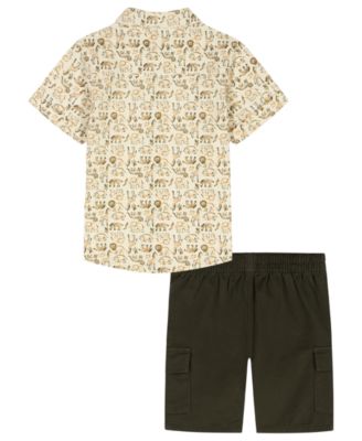 Boys' 2T-5T Short-Sleeve Dino Print Poplin Shirt & Cargo Shorts, 2-Peice Set