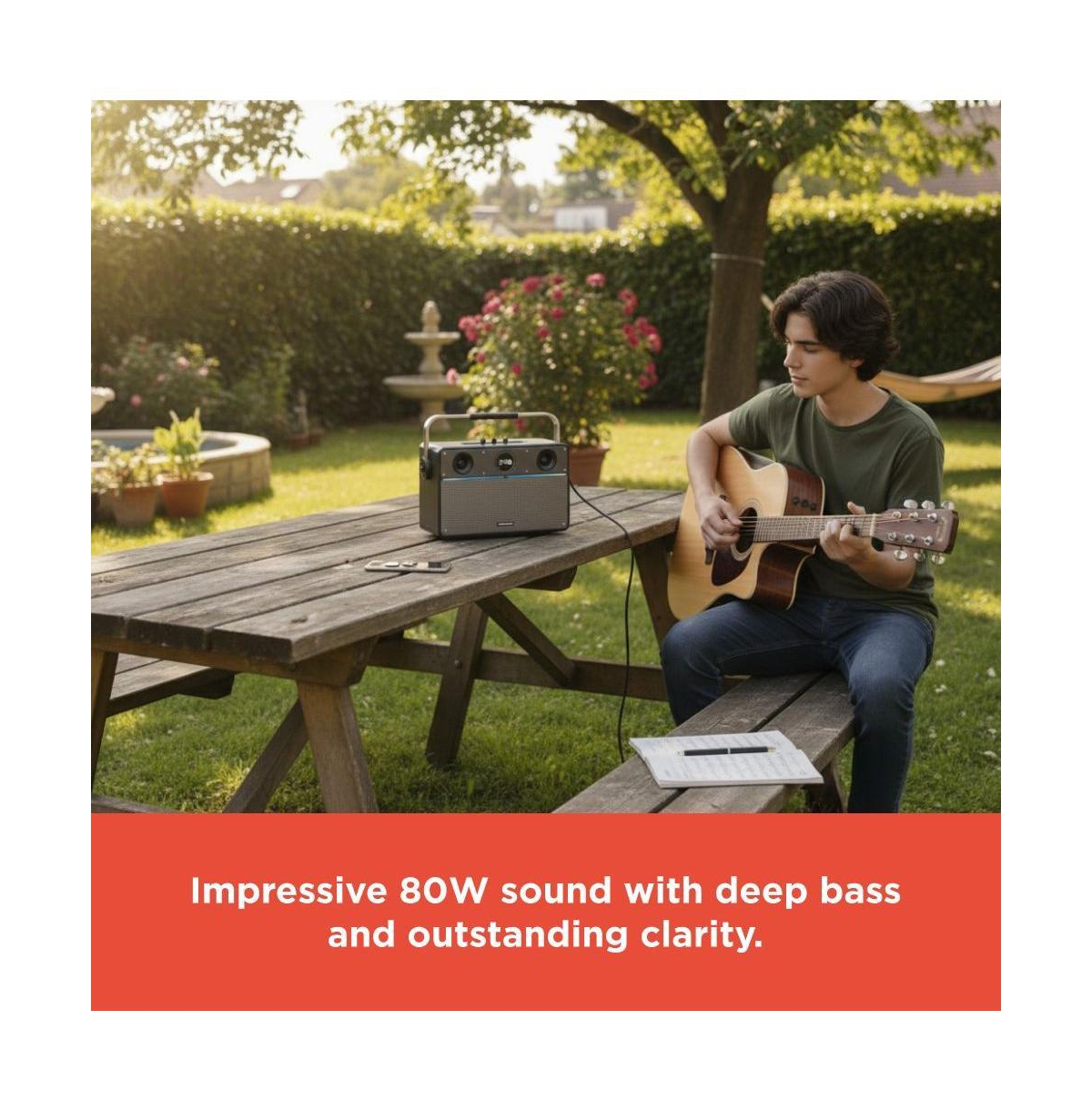 RadioShack 80W Wireless Speaker, Bluetooth/Usb/Aux, Guitar & Mic Inputs, Metallic Finish and Grill For Powerful Sound – Model 4001985