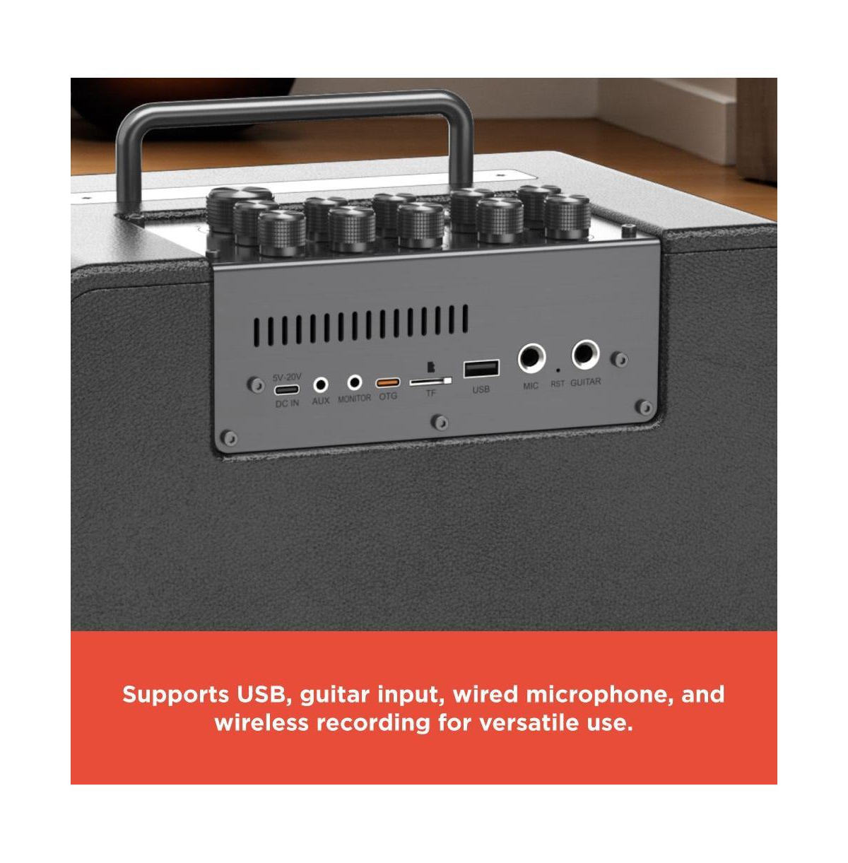 RadioShack 110W Wireless Speaker, Bluetooth/Usb/Aux, Guitar & Mic, Led Lights Metallic Finish and Grill For Powerful Sound – 4001986