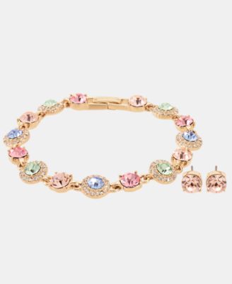 Gold-Tone Boxed Blue Pav&eacute; Halo Bracelet And Earring Set