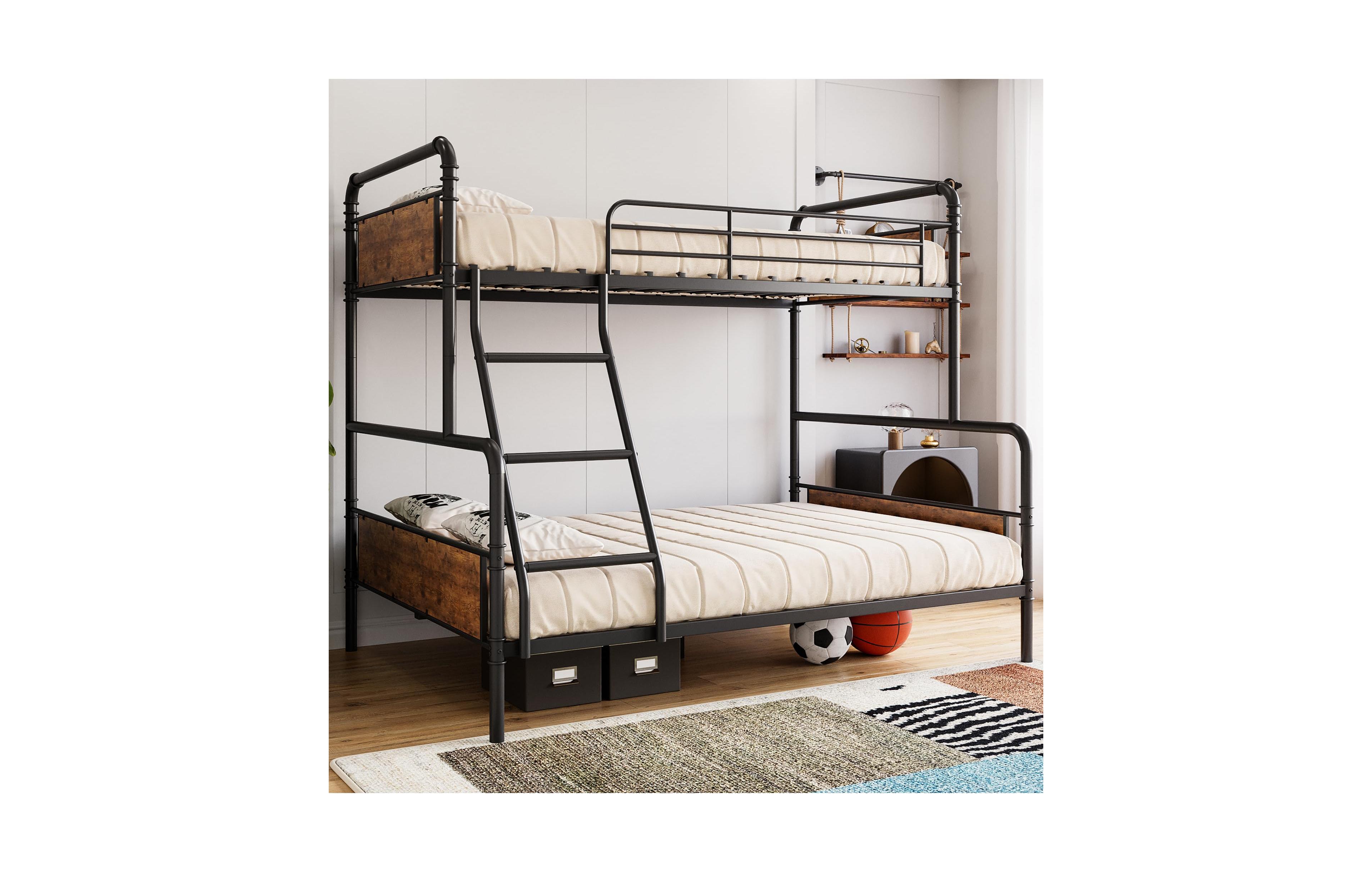 gaomon Bunk Bed Twin Over Full with High Guardrail and Ladder, Convertible Metal Bunk Beds