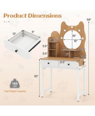 Small Kitty Vanity Desk with Lighted Mirror and Power Outlets, Makeup Table