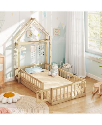 House Style Twin Floor Bed with Decorative Headboard - 48