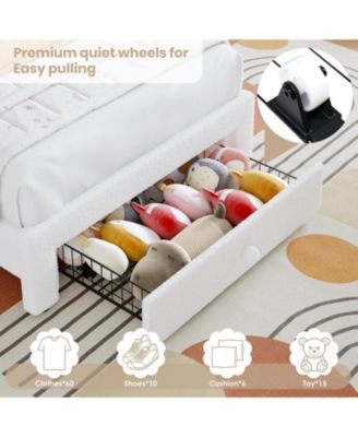 Twin LED Bed Frame with Storage Drawer, Rainbow Headboard, Fleece Princess Platform for Kids, Wood Slats, No Box Spring