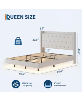 Queen Floating Bed Frame with LED Lights, Velvet Upholstered Platform, Storage Headboard