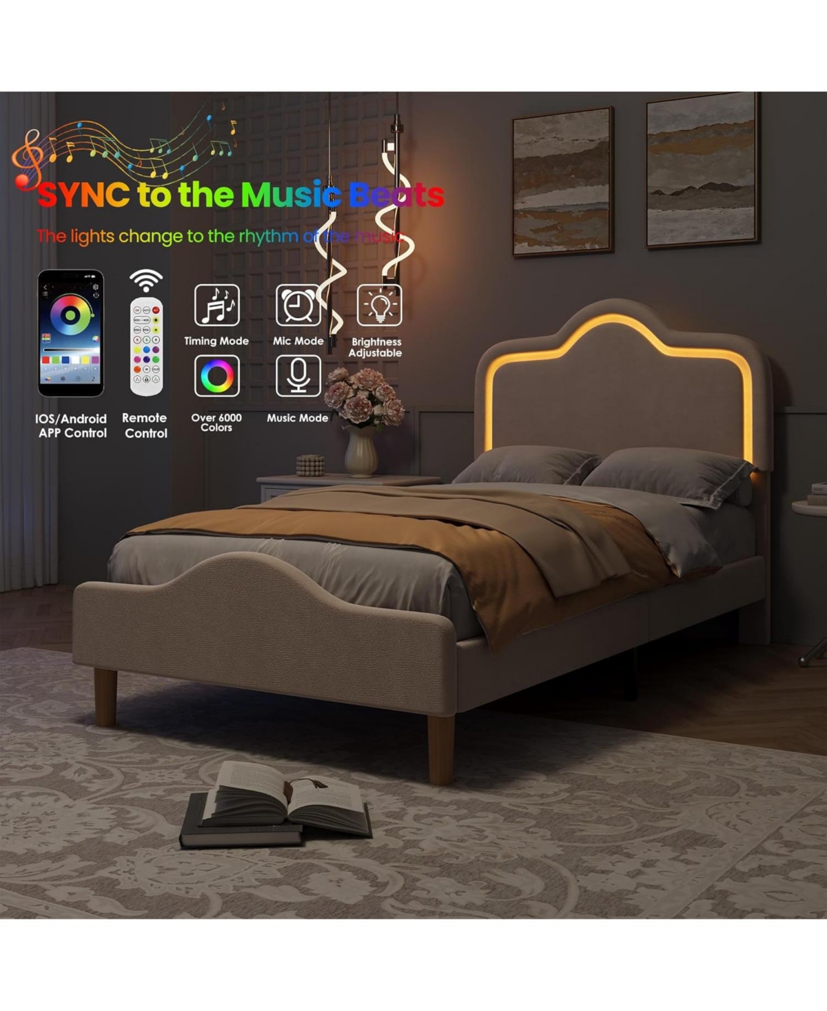 gaomon Twin Velvet Bed Frame with Led Headboard & Footboard, Princess Platform for Kids, Slats