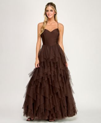 Juniors' Open Back Mesh V-Neck Cascade Layered Gown