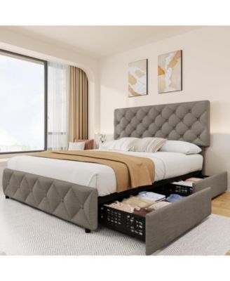  Queen Size Bed Frame with 4 Storage Drawers, Linen Upholstered Platform Bed Frame with Adjustable Headboard, Diamond Stitched Button Tufted
