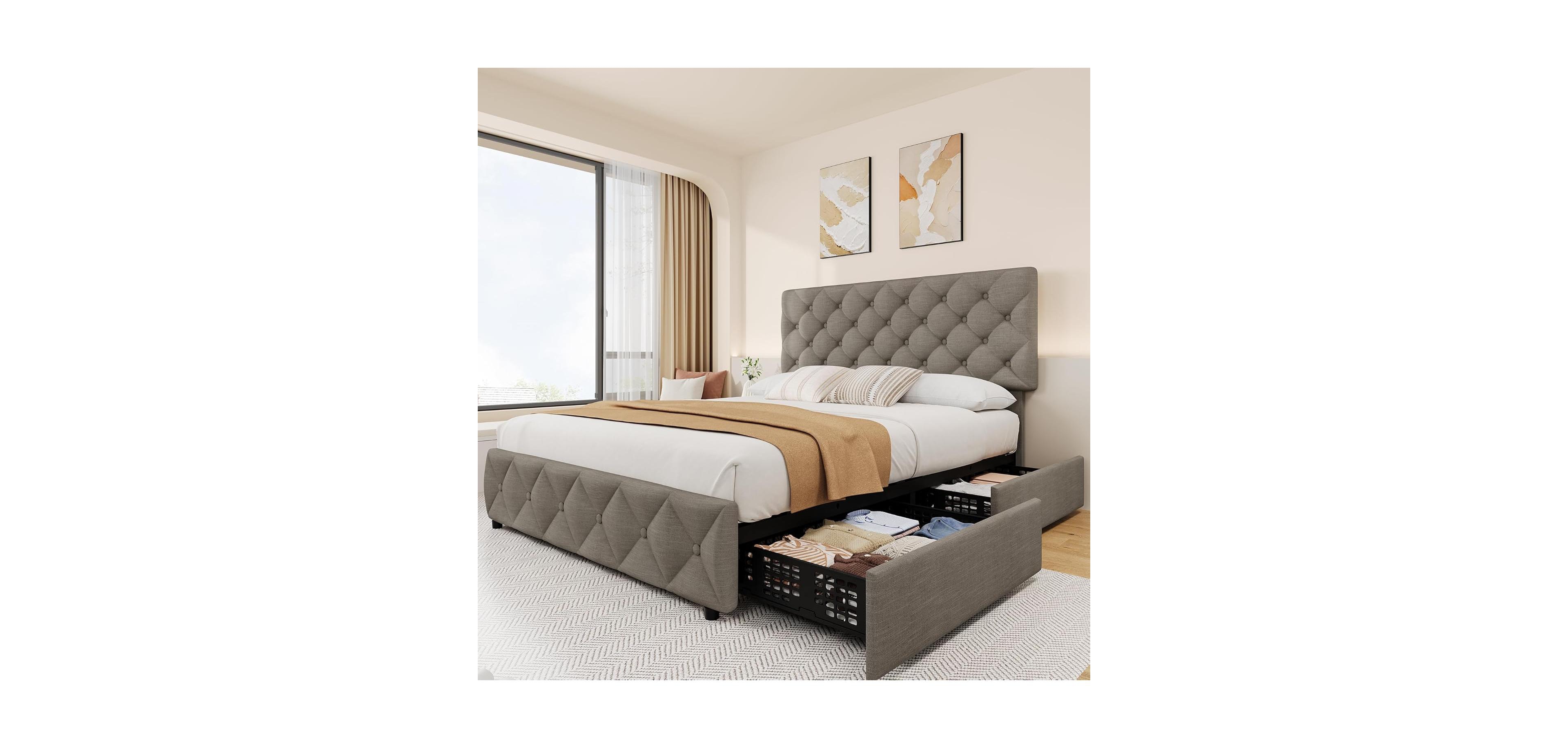 Gaomon Queen Size Bed Frame with 4 Storage Drawers, Linen Upholstered Platform Bed Frame with Adjustable Headboard, Diamond Stitched Button Tufted