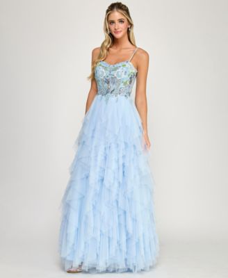 Juniors' Beaded Corset Ruffle V-Neck Ball Gown