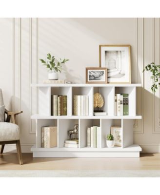 8 Cube Bookcase, Low Open Wood Storage Shelf with Removable Back Panels, Freestanding Bookshelf