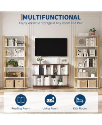 8 Cube Bookcase, Low Open Wood Storage Shelf with Removable Back Panels, Freestanding Bookshelf