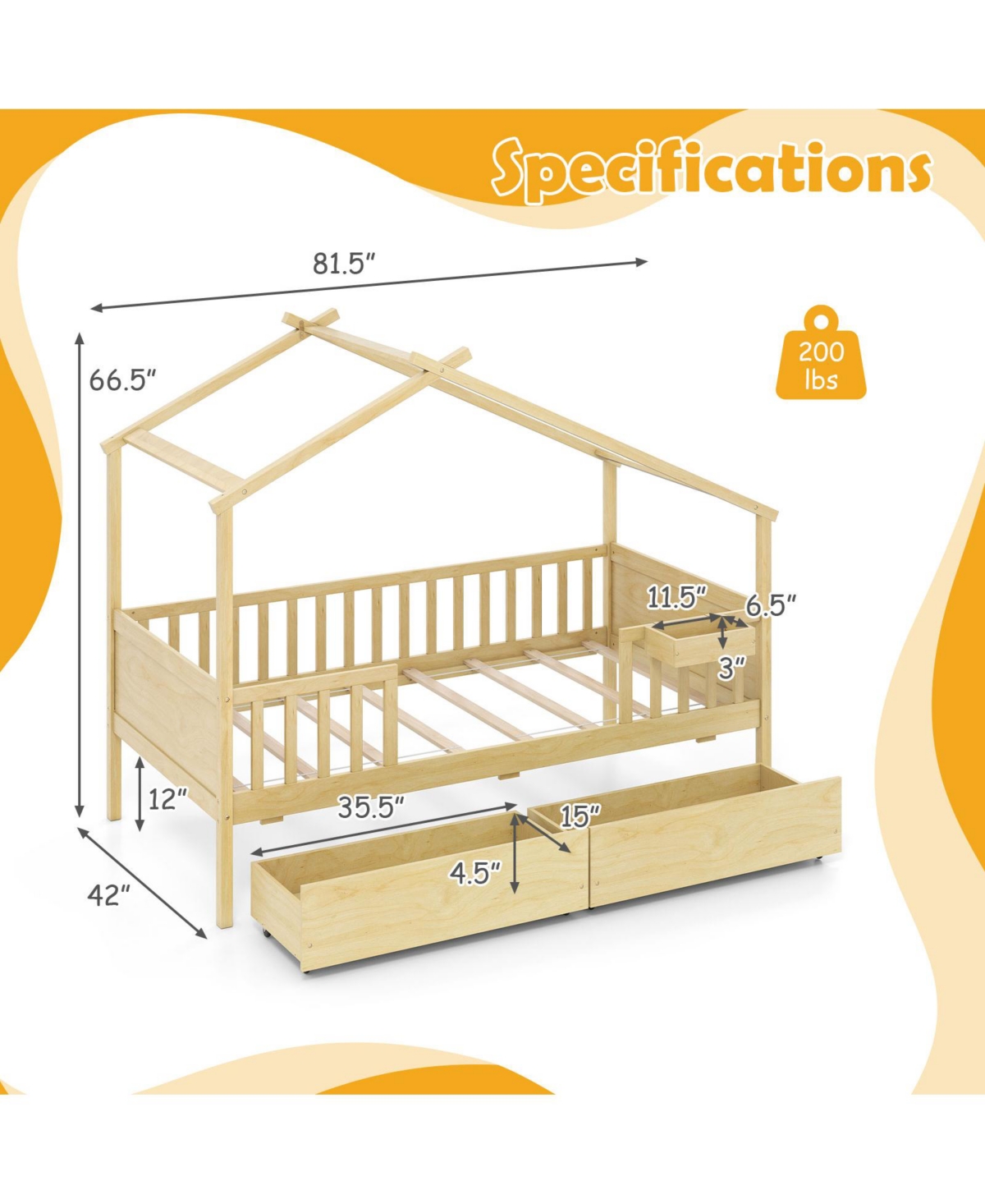 Slickblue Twin House Bed with 2 Storage Drawers and Roof & Fence Rails-White