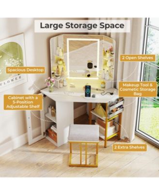 Corner Vanity Desk with Triple Mirror and Lights, Makeup Dressing Table