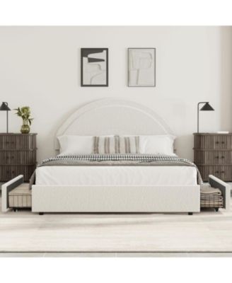Full Bed Frame with Storage Drawers, Upholstered Boucle Platform, Round Headboard, Heavy-Duty, Noise-Free, No Box Spring, White