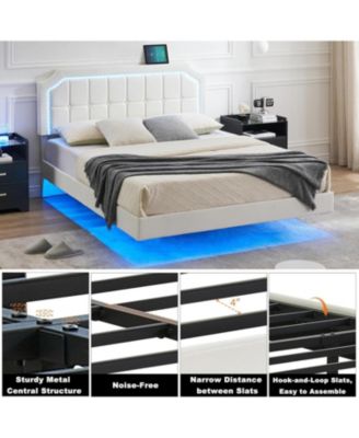 Queen Floating Platform Bed with RGB LED Lights, Adjustable Upholstered Headboard, Button-Tufted, Easy Assembly