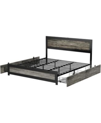 King Bed Frame with Headboard, Industrial Platform, 4 Storage Drawers, Charging Station, Metal Slats, Washed Gray