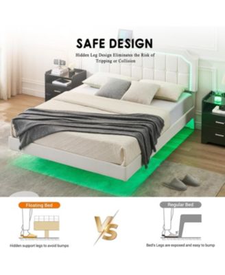 Queen Floating Platform Bed with RGB LED Lights, Adjustable Upholstered Headboard, Button-Tufted, Easy Assembly