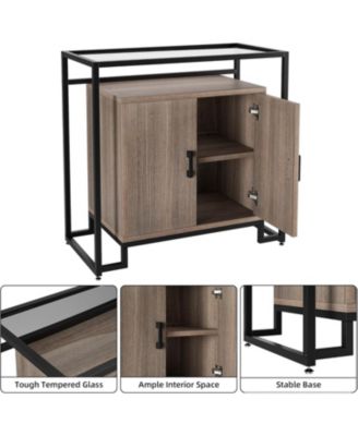 Rattan Nightstand with Tempered Glass Top, 2-Door Open Storage Cabinet with Steel Frame for Bedroom